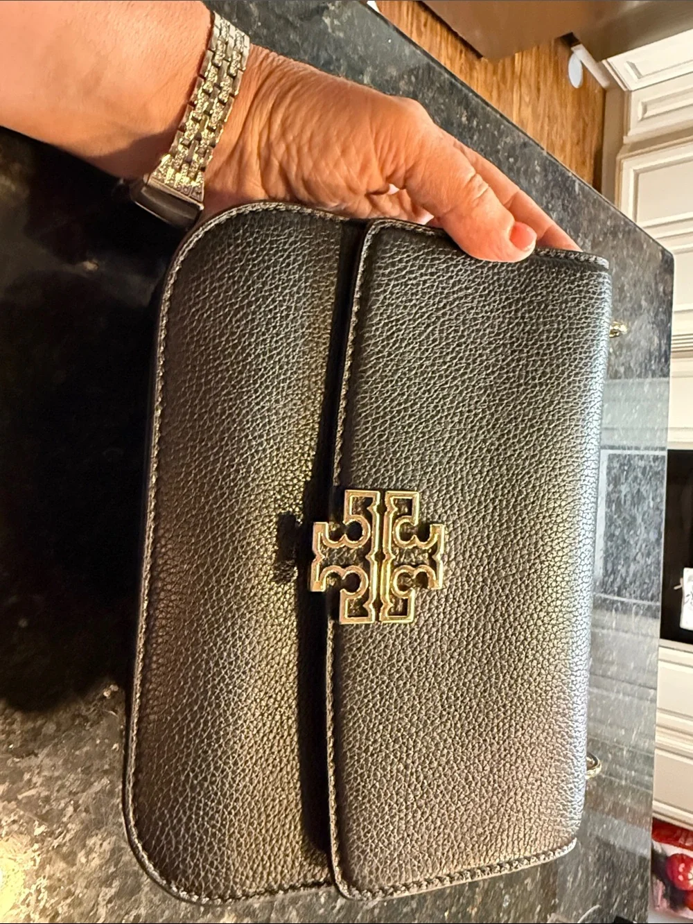 Tory Burch Black Pebbled Leather Crossbody with Gold Chain